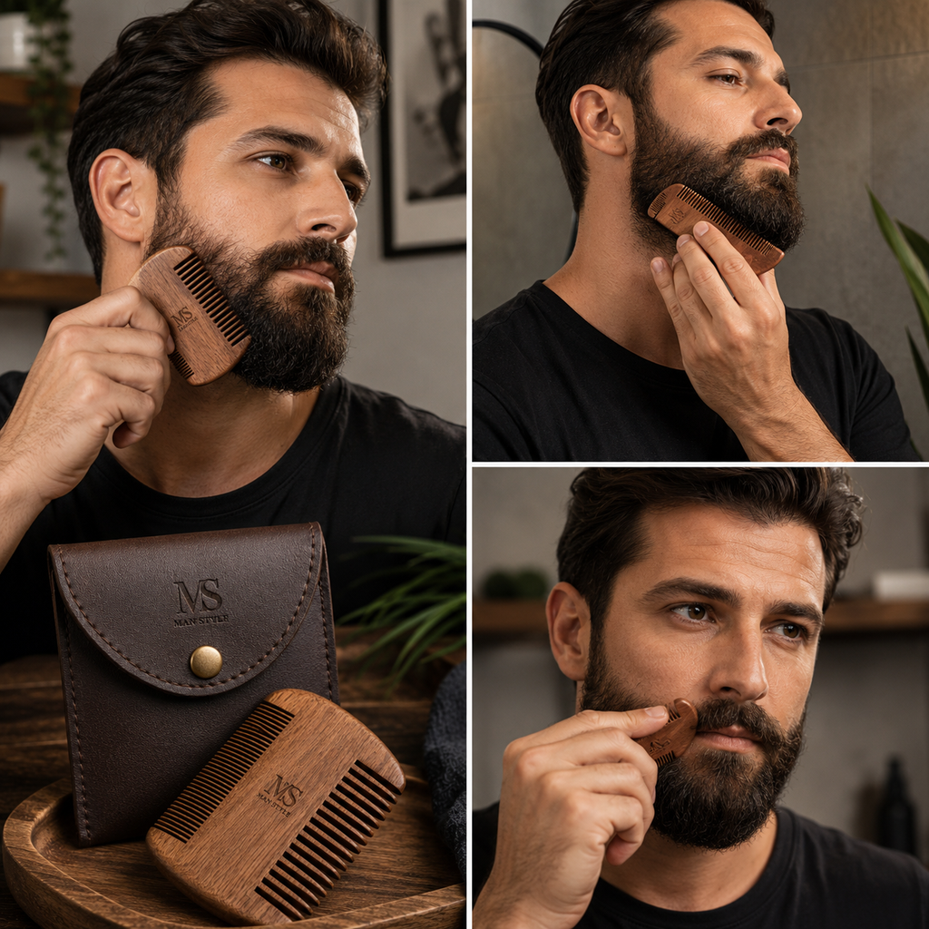 Wooden Beard Comb with Leather Case