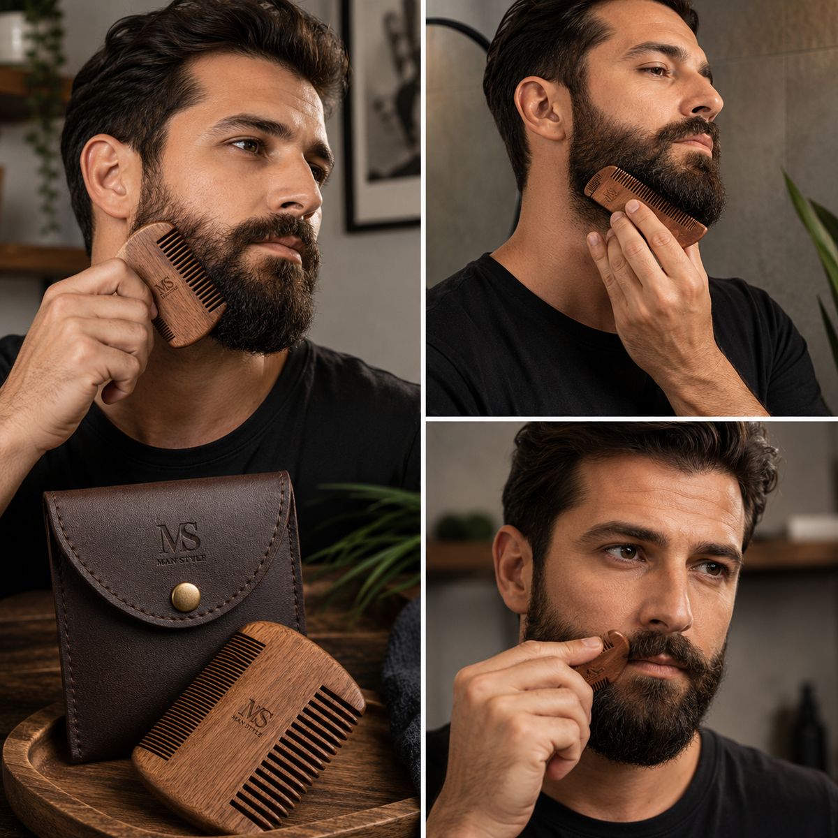 Wooden Beard Comb with Leather Case